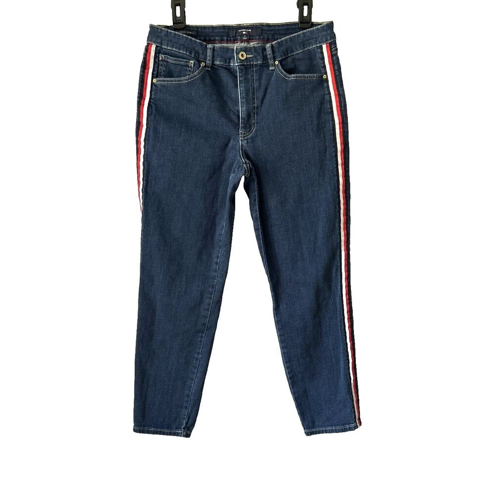Tommy Hilfiger Tribeca Skinny Jeans Womens Sz 12 Dark Wash Side Stripe Red White